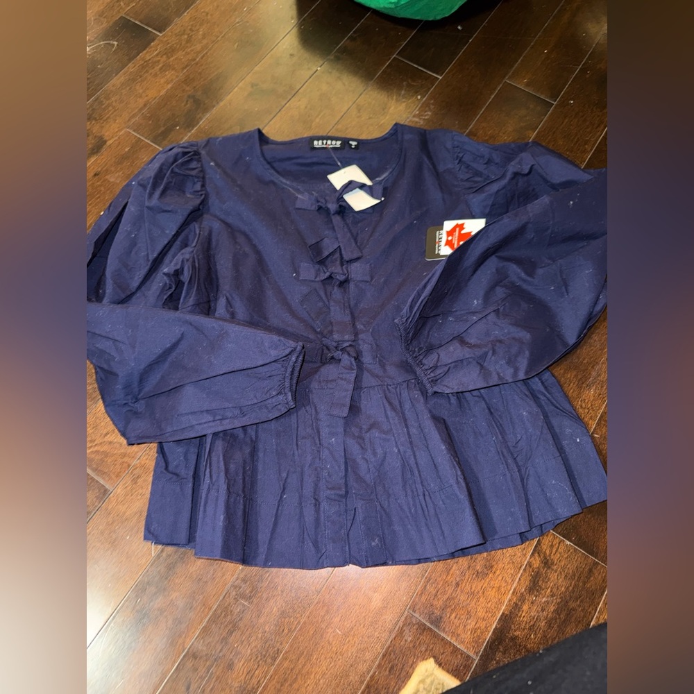 NWT RETROD Navy Blue front tie blouse with Ruffle Details